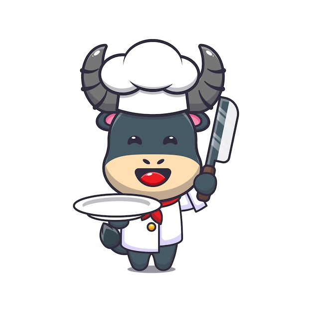 cute buffalo chef mascot cartoon character with knife and plate