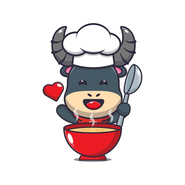 cute buffalo chef mascot cartoon character with soup