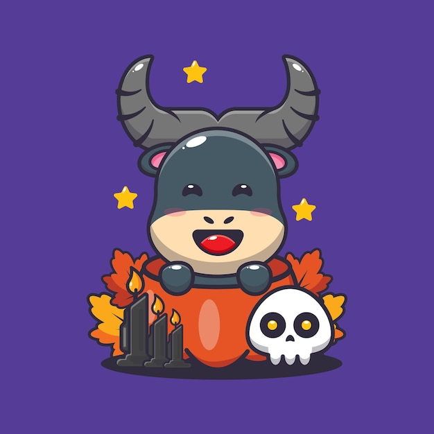 Cute buffalo in halloween pumpkin. Cute halloween cartoon illustration.