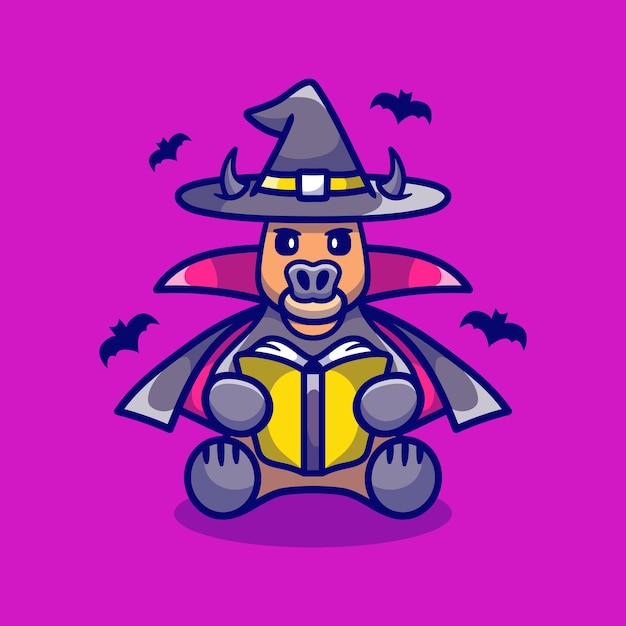 Cute buffalo halloween witch reading a book