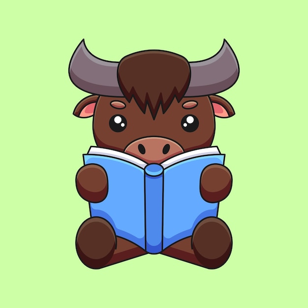 Vector cute buffalo reading book cartoon mascot doodle art hand drawn concept vector kawaii icon illustration