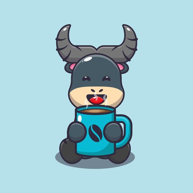 Cute buffalo with hot coffee