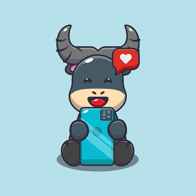 Cute buffalo with phone Cute cartoon animal illustration