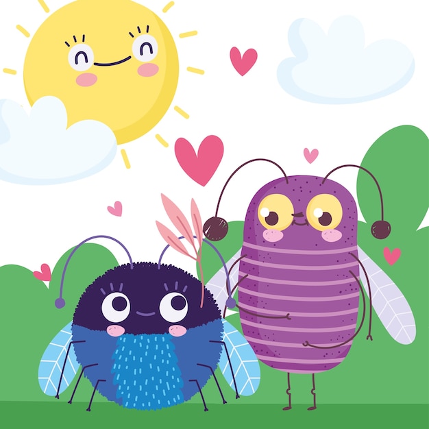 Cute bugs on grass with hearts sun sky cartoon illustration