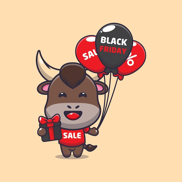 Cute bull in black friday cartoon mascot illustration