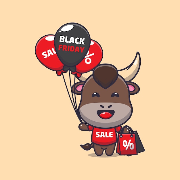 Cute bull in black friday cartoon mascot illustration