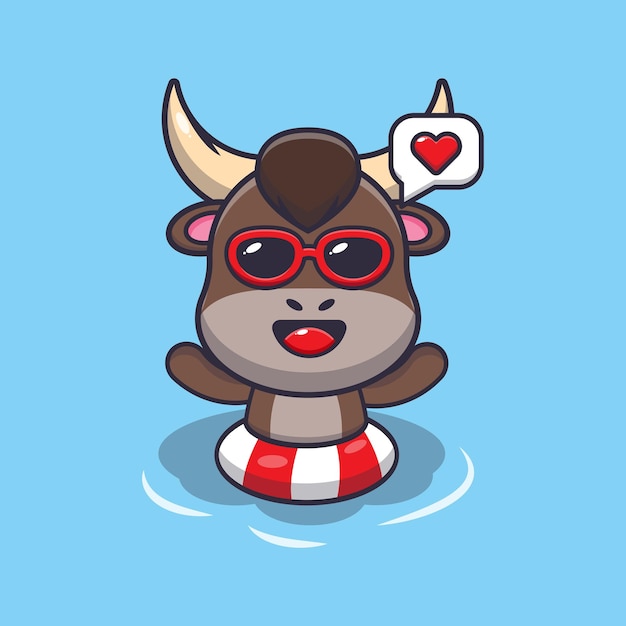 Cute bull cartoon mascot character swim in beach on buoy