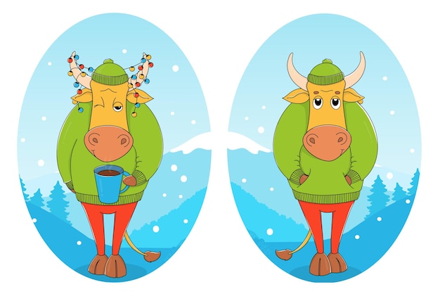 Cute bull in a green sweater and hat with a cup of coffee on the background of a winter landscape