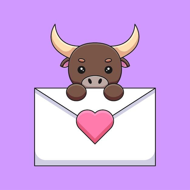 Cute bull holding a love letter cartoon mascot doodle art hand drawn outline concept vector kawaii icon illustration