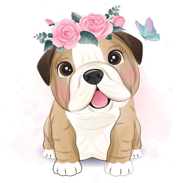 Cute Bulldog little with floral illustration