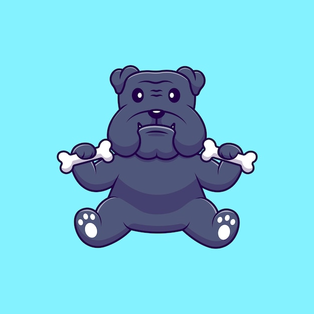 Cute Bulldog Sitting With Holding Bone Cartoon Vector Icons Illustration