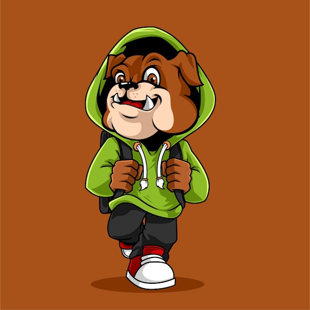 Cute bulldog walking to school vector mascot illustration