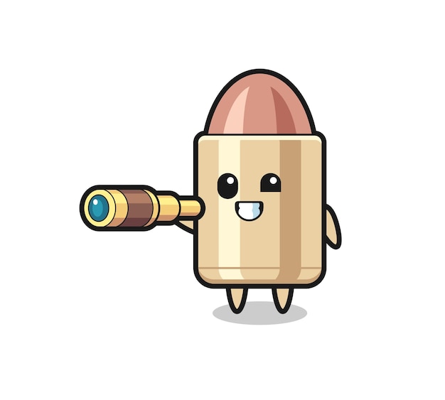 Cute bullet character is holding an old telescope