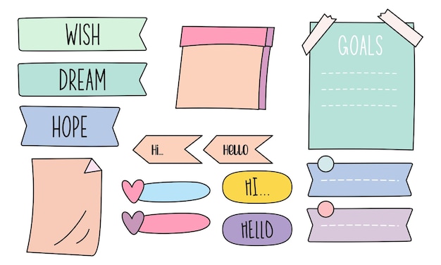 Cute bullet journal notes paper and ornament collection set in colorful style