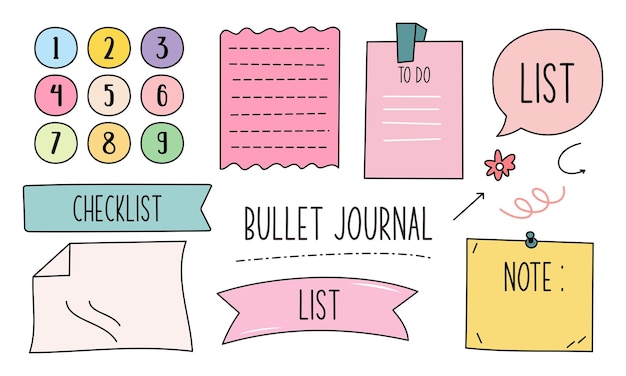 Cute bullet journal notes paper and ornament collection set in colorful style