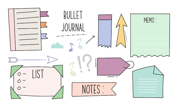 Cute bullet journal notes paper and ornament collection set in colorful style