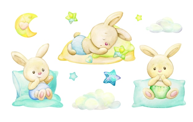 Cute bunnies clouds stars moon Watercolor set of cliparts in cartoon style on an isolated background