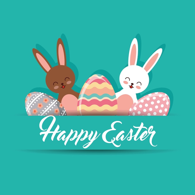 Cute bunnies and decorative eggs happy easter green background