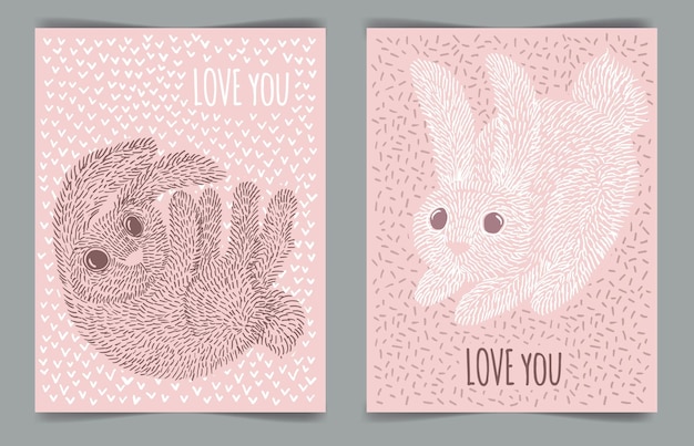 Vector cute bunnies freehand drawing lettering love you poster for the children's room