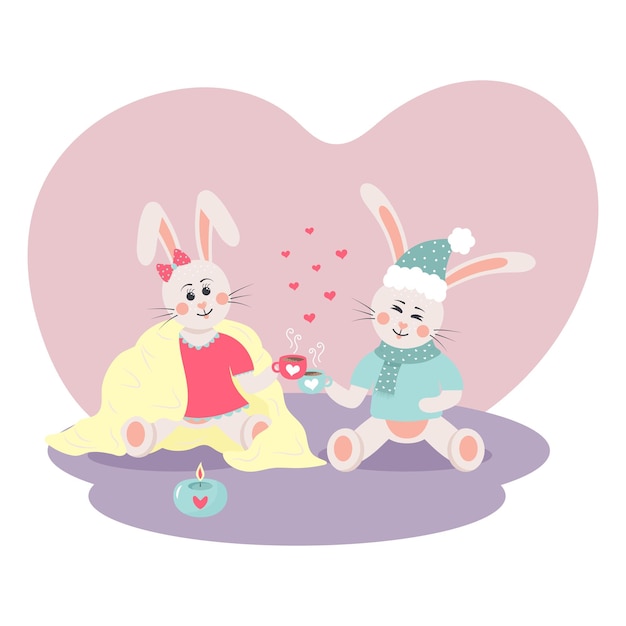 Cute bunnies in love drink coffee Comfort plaid warm clothing cozy candle hygge atmosphere