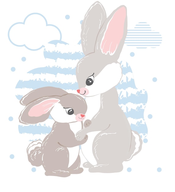 Cute bunnies mom and baby hug each other Vector illustration