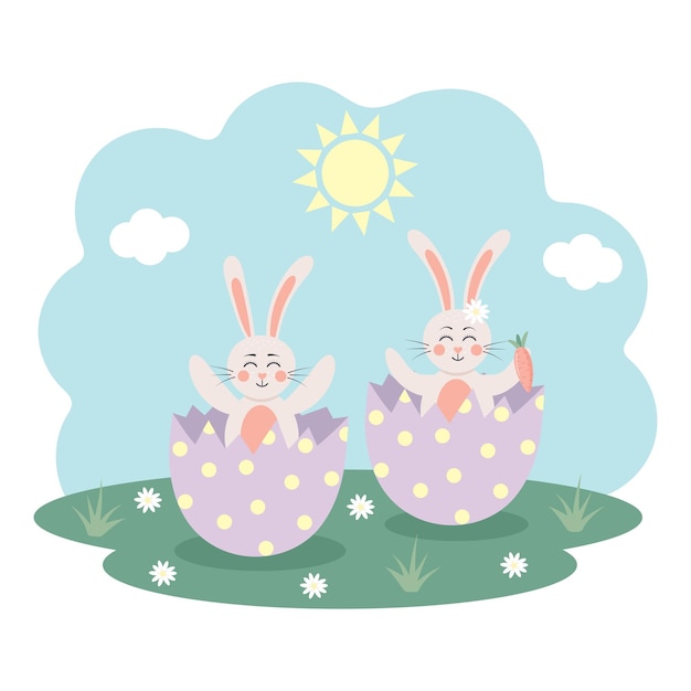 Cute bunnies sitting into eggs on the meadow Spring greeting card Easter holiday