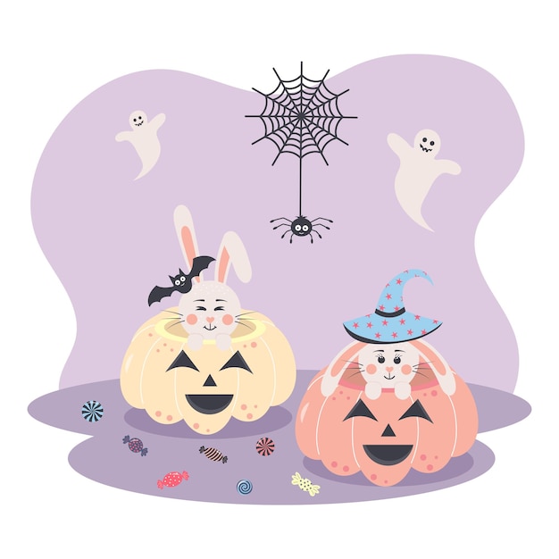 Cute bunnies sitting in pumpkins Halloween rabbits with spider web bat ghosts and candies