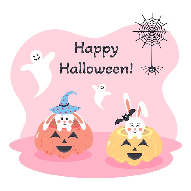 Cute bunnies sitting in pumpkins Happy Halloween card Halloween rabbits with spider web bat ghosts