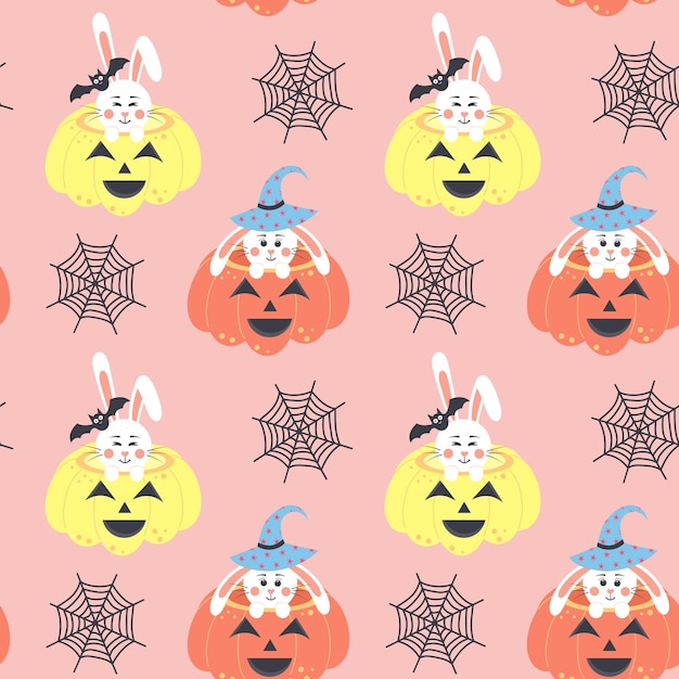 Cute bunnies sitting in pumpkins and web seamless pattern Pink pastel halloween print for wrapping