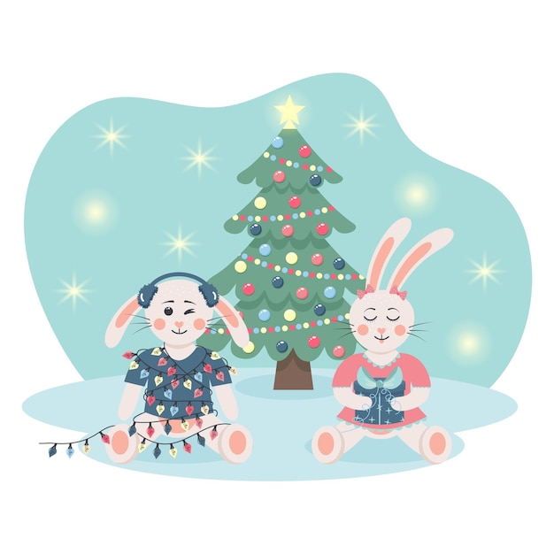 Cute bunnies sitting with garland and gift box near the christmas tree Christmas greeting card