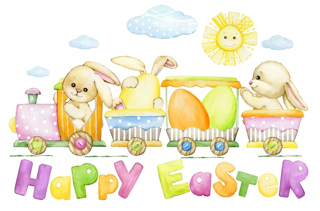 Cute bunnies train easter eggs text happy Easter watercolor clipart in cartoon style on an isolated background