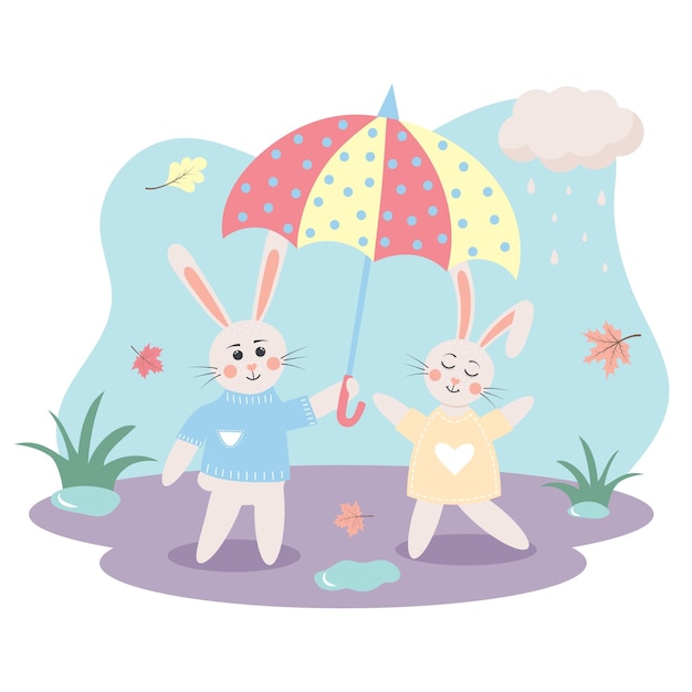 Cute bunnies under an umbrella Autumn rabbits with falling leaves in pastel colors Autumn postcard