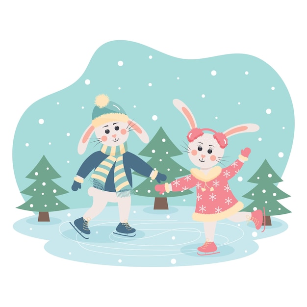 Cute bunnies in warm clothes skating on an ice rink in the forest Winter greeting card