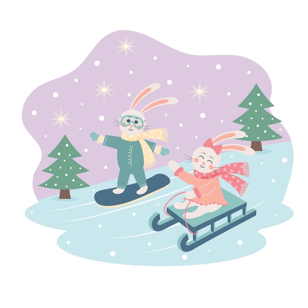 Cute bunnies in warm clothes sledding and snowboarding Winter greeting card