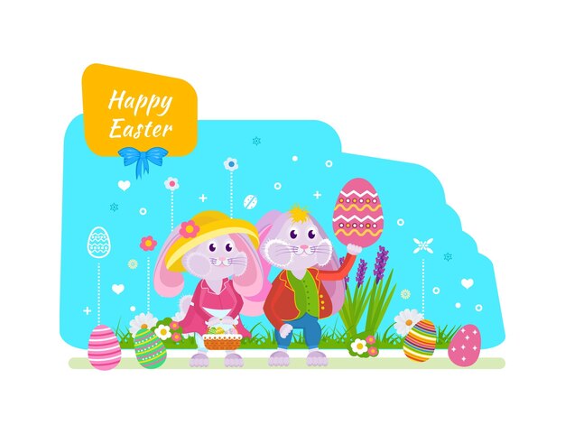 Vector cute bunnies with an easter basket and eggs in hand