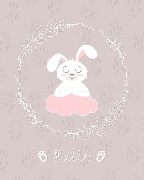 Cute bunny baby and children concept Happy easter rabbits different poses cartoon characters Card with Cute bunny Bunny with floral leafs Design for baby kids poster card invitaton Vector