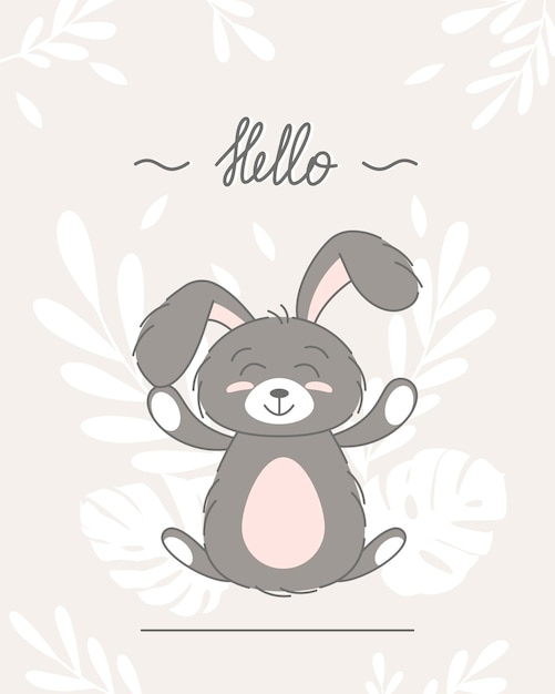 Cute bunny baby and children concept Happy easter rabbits different poses cartoon characters Card with Cute bunny Bunny with floral leafs Design for baby kids poster card invitaton Vector