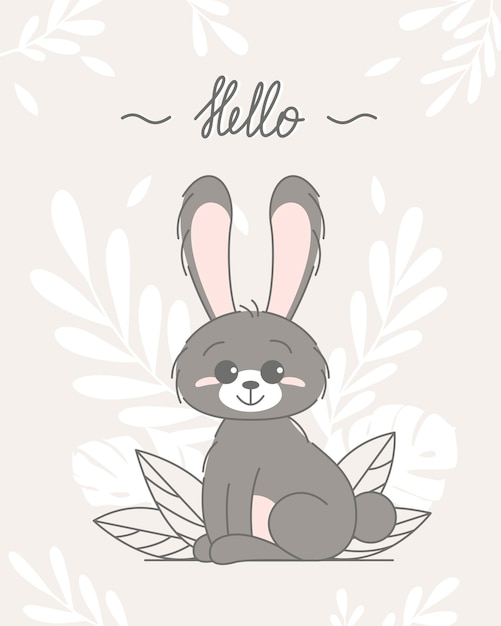 Cute bunny baby and children concept Happy easter rabbits different poses cartoon characters Card with Cute bunny Bunny with floral leafs Design for baby kids poster card invitaton Vector