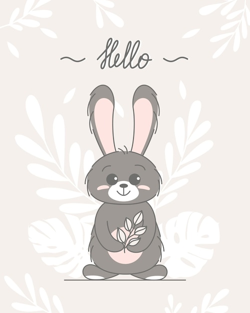 Cute bunny baby and children concept Happy easter rabbits different poses cartoon characters Card with Cute bunny Bunny with floral leafs Design for baby kids poster card invitaton Vector