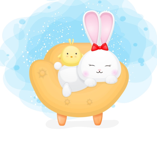 Cute bunny and chicks on sofa. cartoon illustration Premium Vector