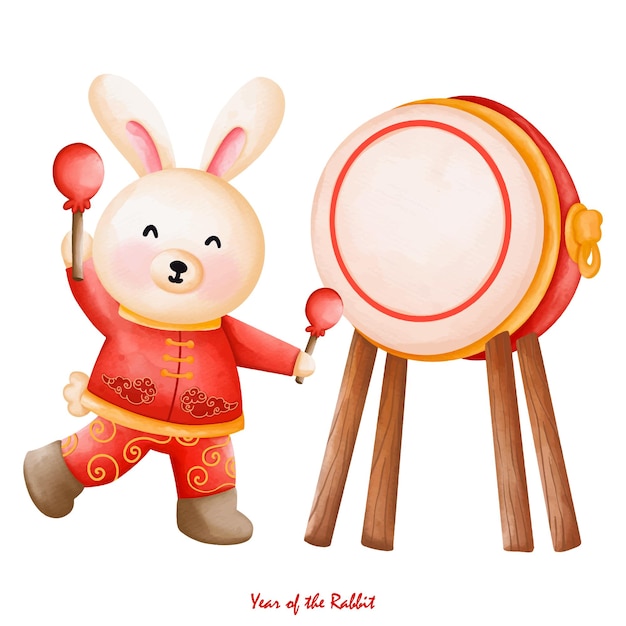 Cute bunny in Chinese traditional costume and Decoration Cheongsam dress the year of rabbit