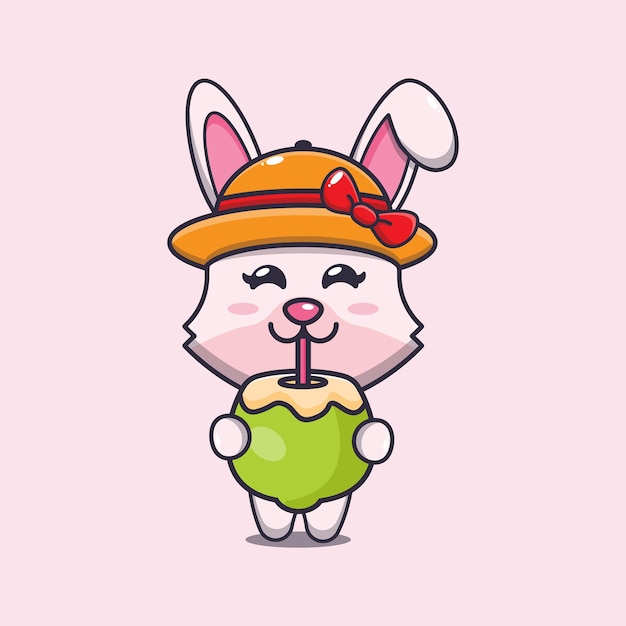 Cute bunny drink fresh coconut cartoon illustration.