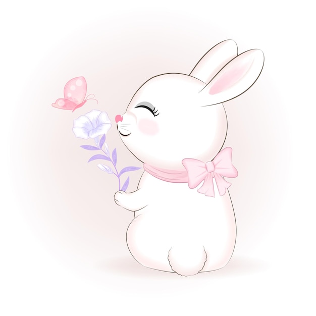 Cute Bunny and flower with butterfly cartoon animal watercolor