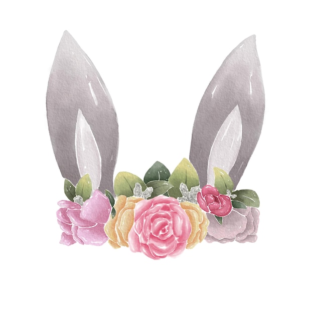 Cute bunny flowers crown watercolours for decoration or greeting