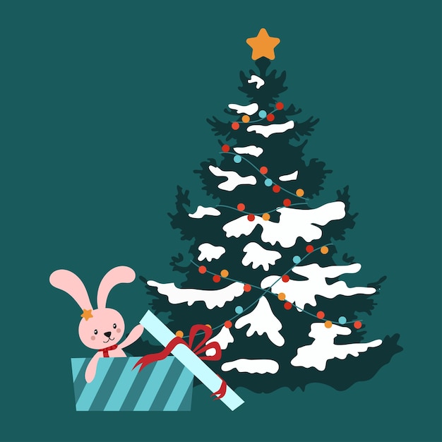 Cute bunny in a giftbox under the Christmas tree