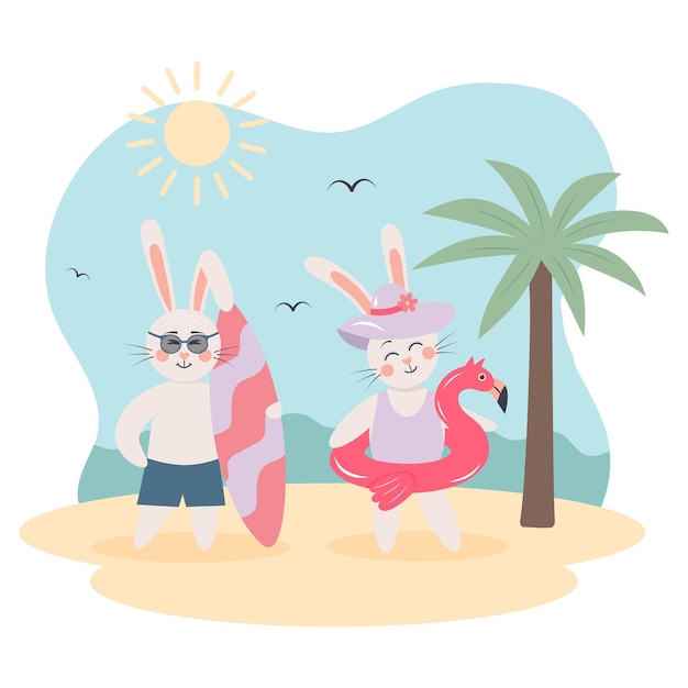 Cute bunny girl with an inflatable flamingo ring and a bunny boy with surfboard on the beach