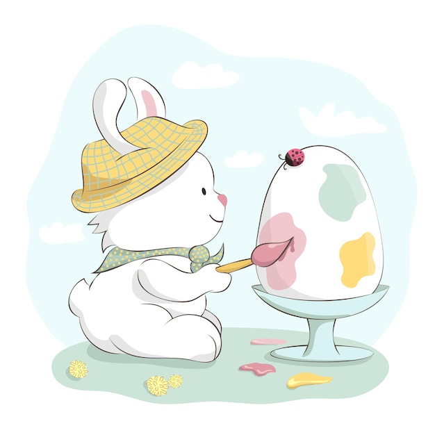 Cute bunny in hat painting Easter Egg. Cartoon hand drawn illustration