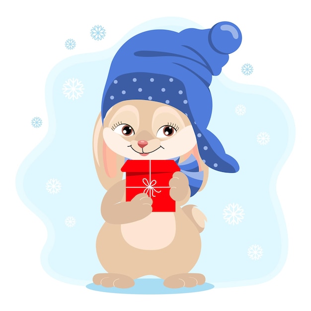 Cute bunny in a hat and scarf with a gift on the background of snowflakes. Christmas illustration