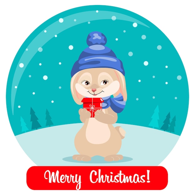 Cute bunny in a hat with a Christmas gift box in a glass ball and a congratulatory text. Postcard