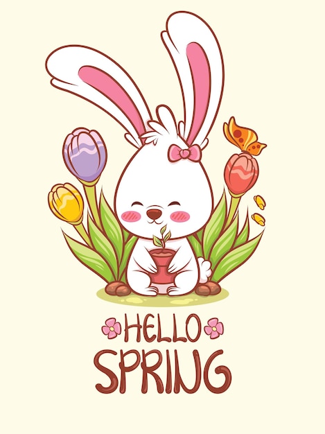 cute bunny holding a flower pot with flower spring. cartoon character illustration hello spring concept.